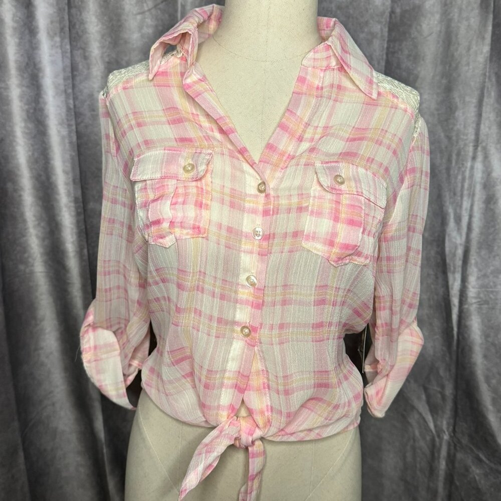 NEW Sheer Pink Plaid Button Up Shirt Crochet Country Festival Western XS